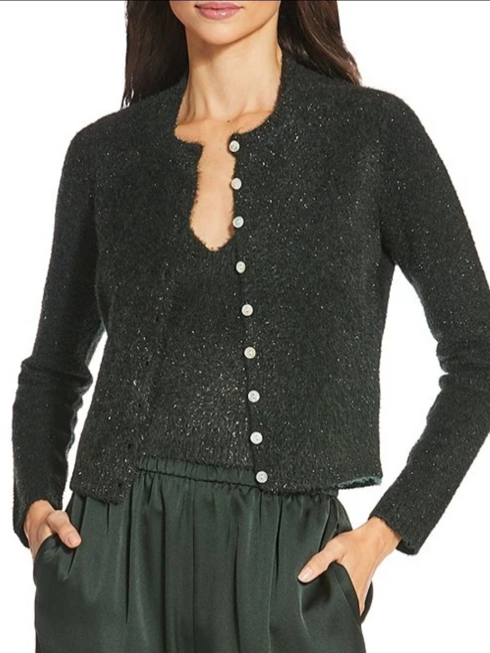 Sparkle Knit Crewneck Cardigan Sweater And Tank-Top Dark Green 2 Piece Set